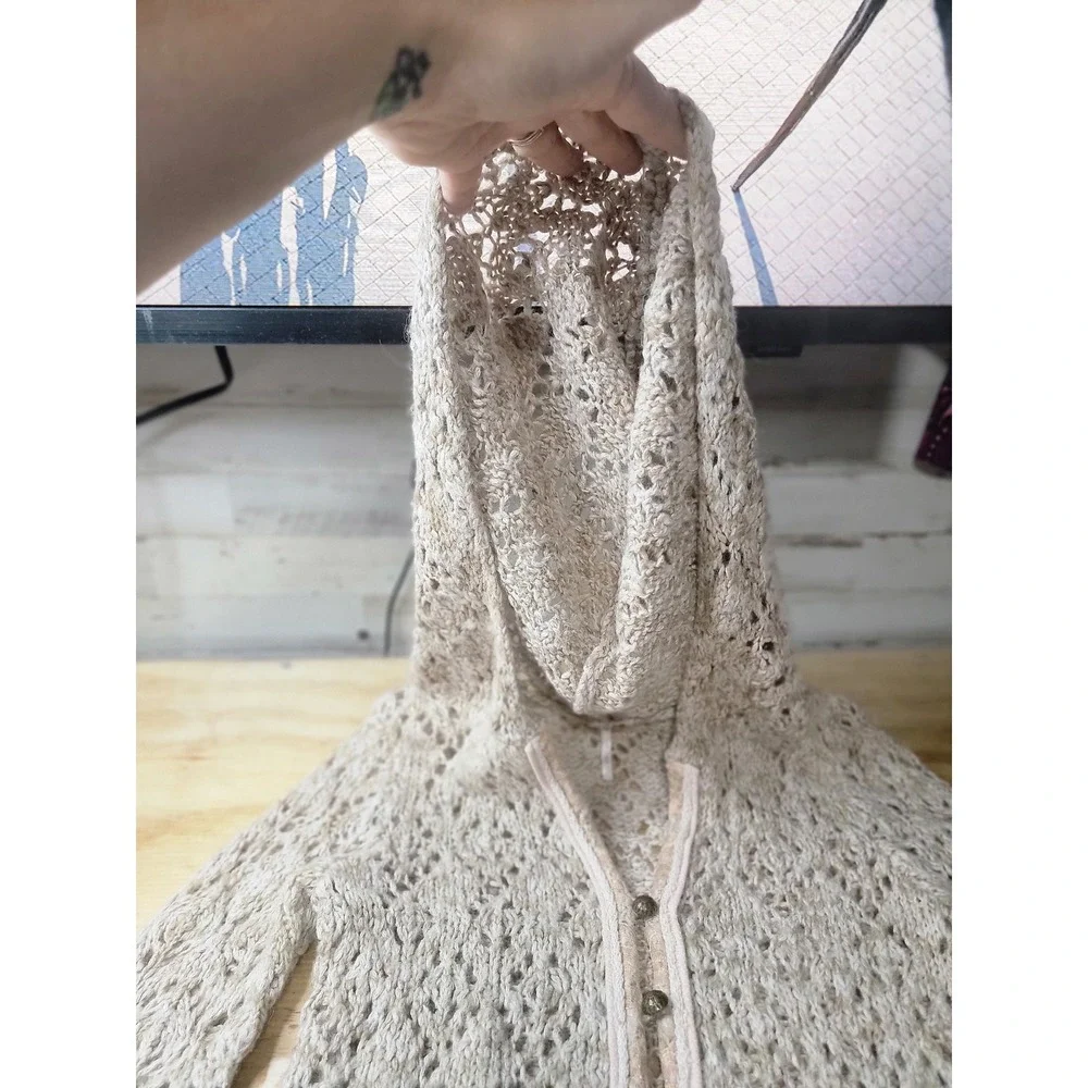 ♡Free People Womens Beige Pointelle Knit Hooded Cardigan Long Sweater XS